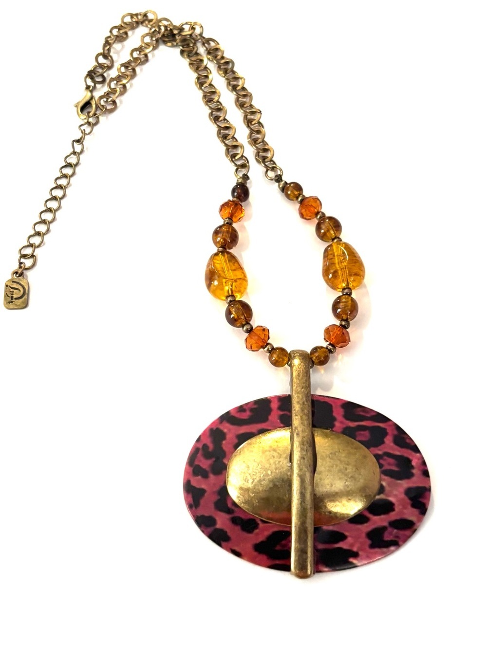 Fashion Jewelry Pink Leopard Pendant Necklace with Amber Beads and Gold Accents